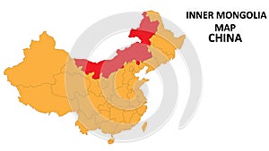 Inner Mongolia province map highlighted on China map with detailed state and region outline