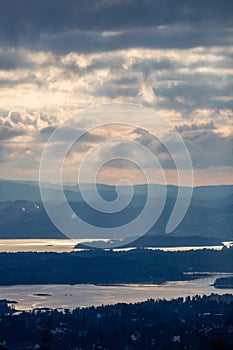 Inner Oslofjord in a cloudy day, view from Holmenkollen hill photo