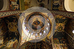 Inner section of the Orthodox dome of the Greek church with a fresco of Jesus Christ,...