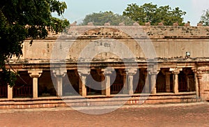 Inner side stone pillar hall of the ancient Brihadisvara Temple in Thanjavur, india.