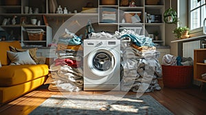 inner view of dirty cloth pile with washing machine in laundry