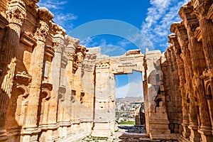 Inner yard of Ancient Roman temple of Bacchus with blue sky in the background, Bekaa Valley, Baalbek, Lebanon