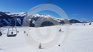 Innerkrems - A panoramic view on the snow covered ski runs of Innerkrems, Austria. The slopes are ready for skiing. Cloudless