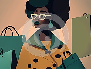 A inning black girl surrounded by shopping bags full of stylish and trendy items.. AI generation