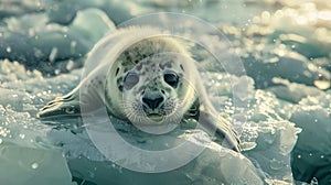 Innocence captured baby seal on iceberg in cinematic composition with sunbeams and curious gaze