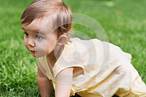 Innocence in the garden. A cute little baby girl sitting outside on the lawn.