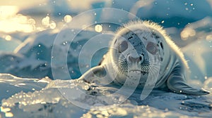 Innocent baby seal pup on iceberg cinematic, photorealistic composition with sunbeams