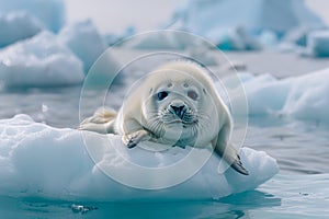 Innocent baby seal pup on iceberg, gazing with dark eyes in cinematic photorealistic shot