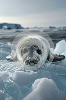 Innocent baby seal pup on iceberg photorealistic photography spotlighting vulnerability