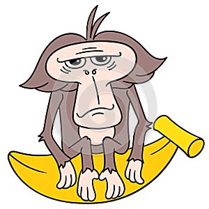 An innocent faced old monkey sitting gloomily on a large banana, doodle icon image kawaii