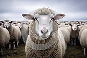Innocent Flock sheep staring. Generate Ai
