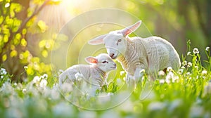 Innocent lamb showing affection while nuzzling its mother in a serene and lush green meadow