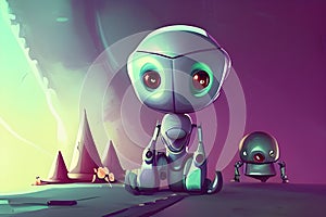 Innocent Light Blue Robot Amidst Glowing Crystals, Generative AI
