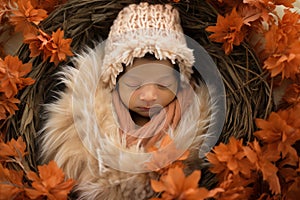 Innocent newborn baby girl peacefully sleeping in cozy nest of autumn leaves