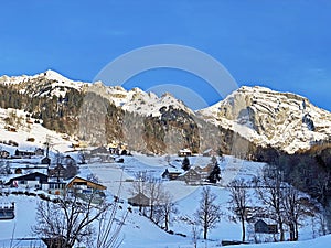 Innocently clear white snow on alpine peaks Schofwisspitz, Schwarzchopf and Stoss in Alpstein mountain range and in Appenzell Alps