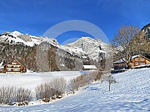 Innocently clear white snow on alpine peaks Schofwisspitz, Schwarzchopf and Stoss in Alpstein mountain range and in Appenzell Alps