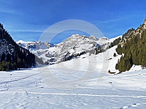 Innocently clear white snow on alpine peaks Schofwisspitz, Schwarzchopf and Stoss in Alpstein mountain range and in Appenzell Alps