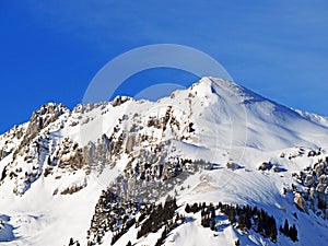 Innocently clear white snow on alpine peaks StÃ¶llen (Stoellen or Stollen) and Schofwisspitz
