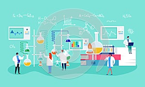 Innovate laboratory research, vaccine formulation vector illustration. Medical scientists conducting chemical experiment