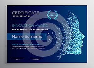 Innovation award certificate design with particle face