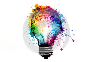 Innovation, bright idea and creative thinking concept with explosion of a coluorful traditional electric bulb and human brain. AI