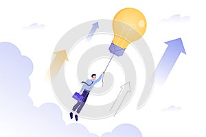 Innovation Concept. Business man flying with light bulb. Business growth. Motivation and Success. Achievement, developing business