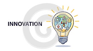 Innovation Concept Light Bulb with Rocket, Gears, and Ideas