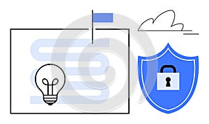 Innovation and Security Concept with Lightbulb, Shield with Lock, and Cloud Elements