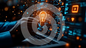 Innovation and digital transformation light bulb concept on laptop screen for technology solutions data analysis and creative