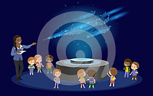 Innovation education elementary school african brown skin black hair group of kids planetarium science spaceship hologram on space photo