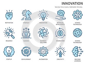 Innovation flat line icons. Vector illustration. Editable stroke.