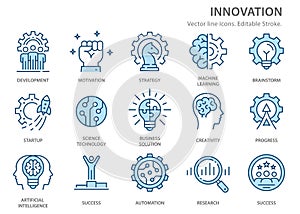 Innovation flat line icons. Vector illustration. Editable stroke.