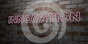 INNOVATION - Glowing Neon Sign on stonework wall - 3D rendered royalty free stock illustration
