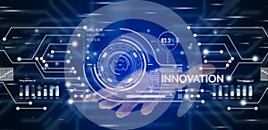 Innovation with Graphical User Interface Concept, businessman pointing on a virtual panoramic screen. Innovative ideas presented b