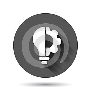 Innovation icon in flat style. Lightbulb with cogwheel vector illustration on black round background with long shadow effect. Idea