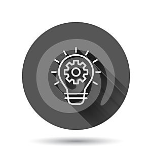 Innovation icon in flat style. Lightbulb with cogwheel vector illustration on black round background with long shadow effect. Idea