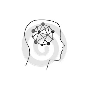 Innovation idea in human head outline vector icon illustration. Man brain with mind like an atom. Editable stroke. Stock
