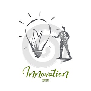 Innovation, idea, technology, bulb, creative concept. Hand drawn isolated vector.