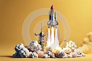 Innovation Ignition: Rocket Launch Isolated on Yellow Background â€“ New Ideas Concept