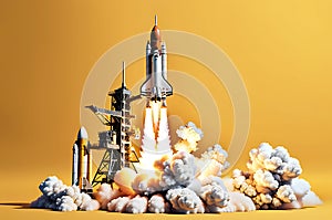 Innovation Ignition: Rocket Launch Isolated on Yellow Background â€“ New Ideas Concept