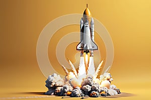 Innovation Ignition: Rocket Launch Isolated on Yellow Background â€“ New Ideas Concept