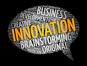 INNOVATION message bubble word cloud collage, business concept background