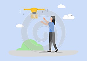 Innovation Parcels Delivery Service, Modern Technology, Logistics Concept. Drone Delivers Parcel To Customers Address