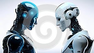 A sleek futuristic robot with advanced artificial intelligence stands on a white background, demonstrating advanced technology.