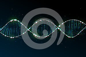 Innovation, science and genetics concept with bright digital DNA molecule on abstract dark background with binary code. 3D