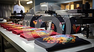 Innovation shirt and textile printer machine. Printshop office or workshop interior.