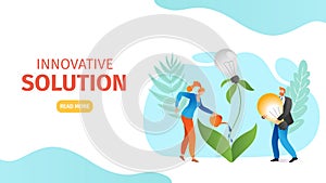 Innovation solution, lamp light - creative business idea, vector illustration. Flat creativity by people man woman