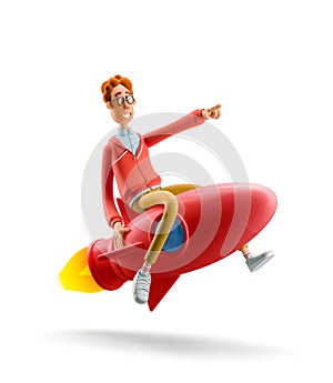 3d illustration. Nerd Larry is flying on a rocket. Innovation and Startup Concept. photo
