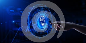 Innovation technology concept. Hand pressing button on virtual screen