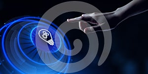 Innovation technology concept. Hand pressing button on virtual screen